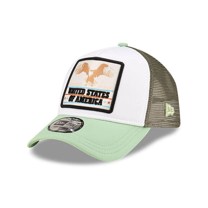 This is a New Era Eagle Patch White 9FORTY A-Frame Trucker Adjustable Cap 1