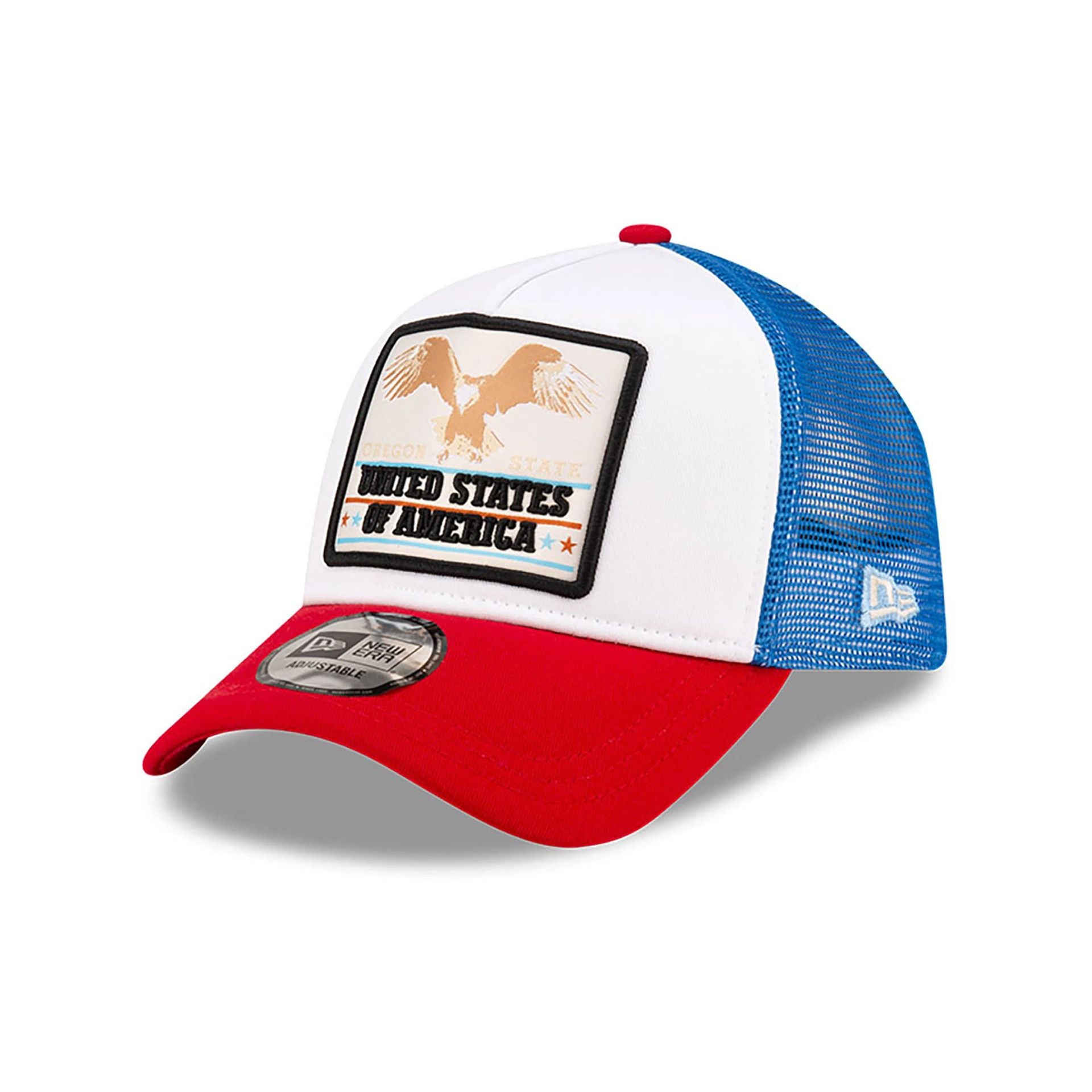 This is a New Era Eagle Patch White 9FORTY A-Frame Trucker Adjustable Cap 1