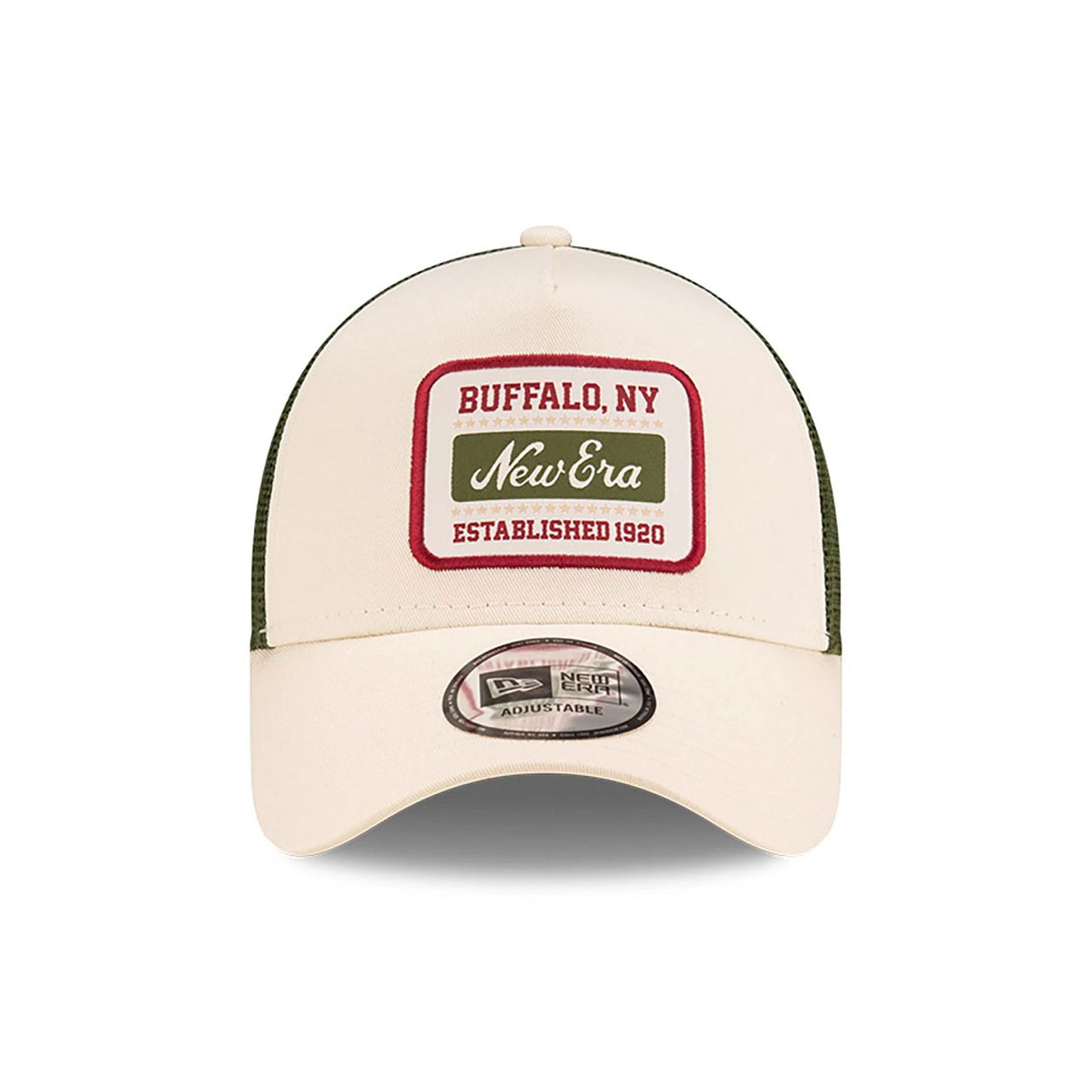 This is a New Era Script Patch Light Beige 9FORTY A-Frame Trucker Adjustable Cap 2