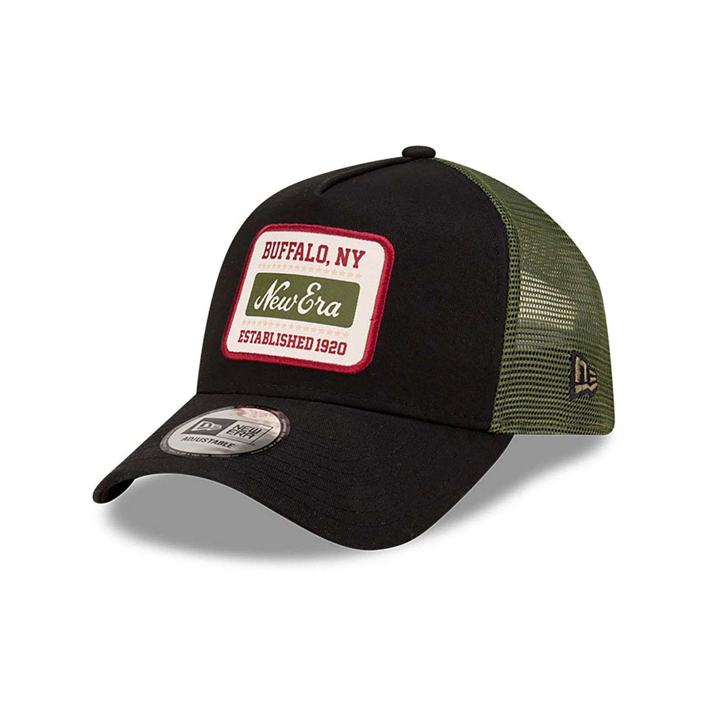 This is a New Era Script Patch Black 9FORTY A-Frame Trucker Adjustable Cap 1