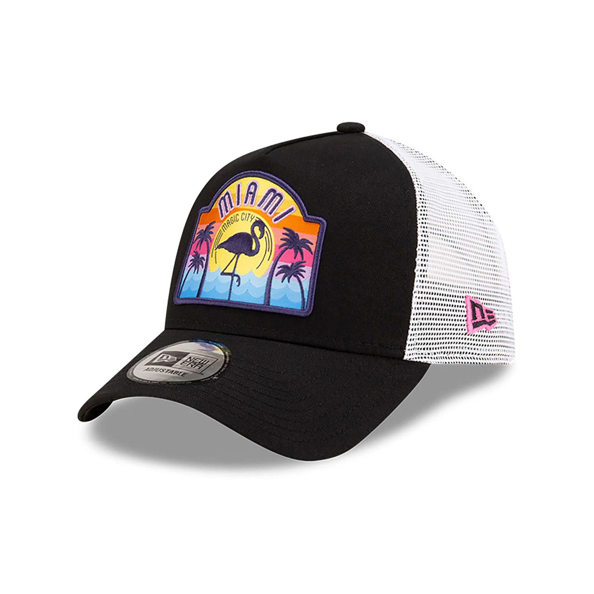 This is a New Era Miami Patch Black 9FORTY A-Frame Trucker Adjustable Cap 1