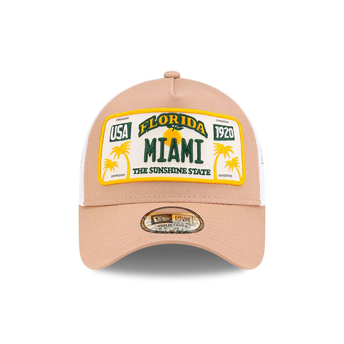 This is a New Era Miami License Plate Beige 9FORTY A-Frame Trucker Adjustable Cap 2