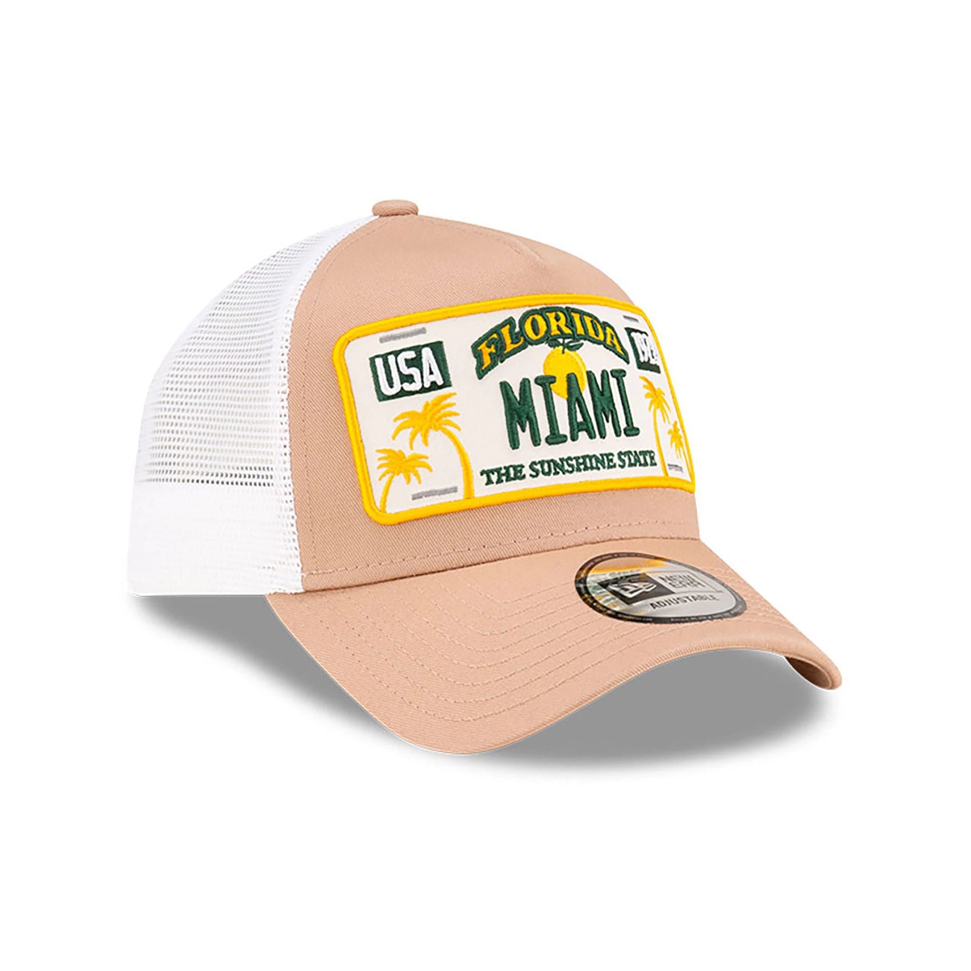 This is a New Era Miami License Plate Beige 9FORTY A-Frame Trucker Adjustable Cap 3