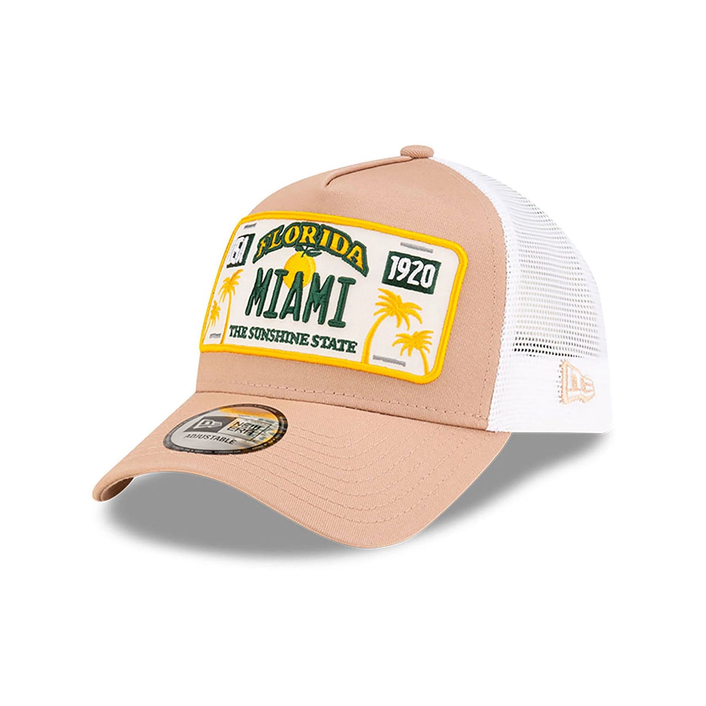 This is a New Era Miami License Plate Beige 9FORTY A-Frame Trucker Adjustable Cap 1