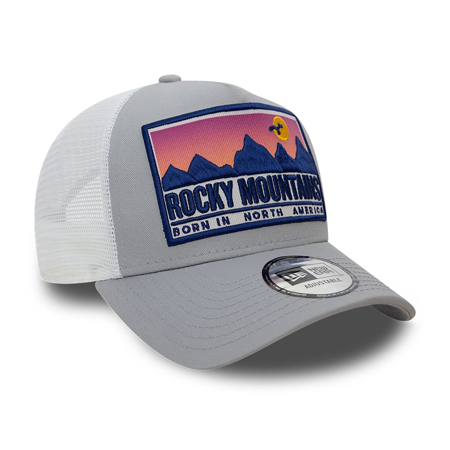 This is a New Era Location Patch Trucker Grey 9FORTY A-Frame Trucker Adjustable Cap 3