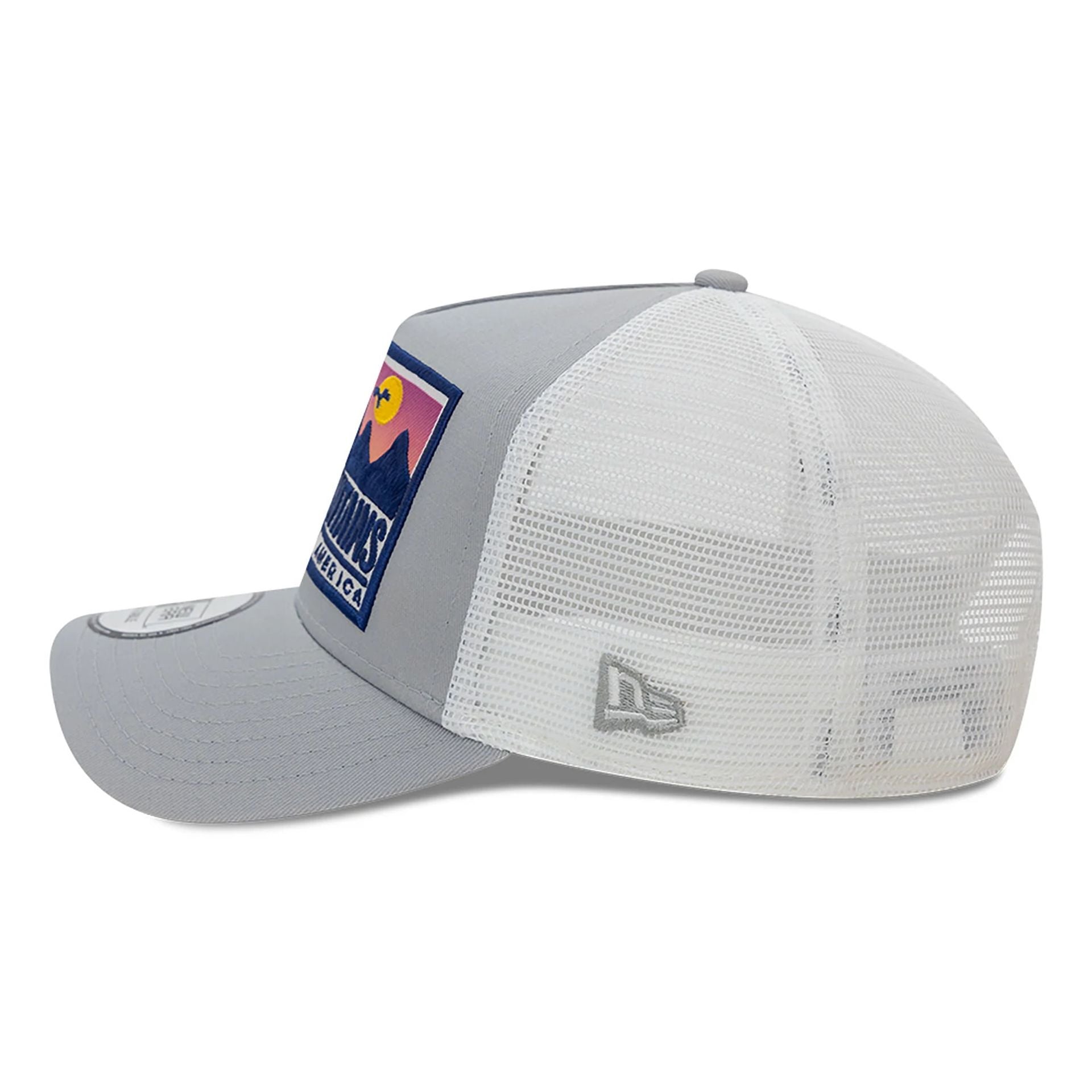 This is a New Era Location Patch Trucker Grey 9FORTY A-Frame Trucker Adjustable Cap 7