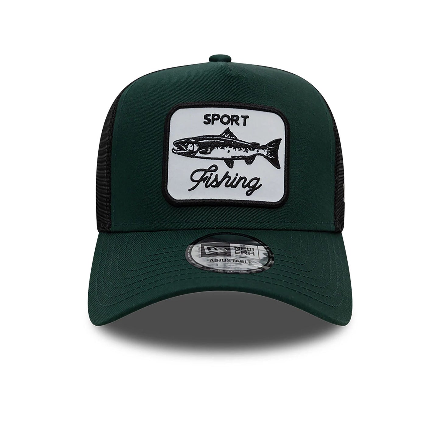 This is a New Era Fishing Patch Trucker Dark Green 9FORTY A-Frame Trucker Adjustable Cap 2