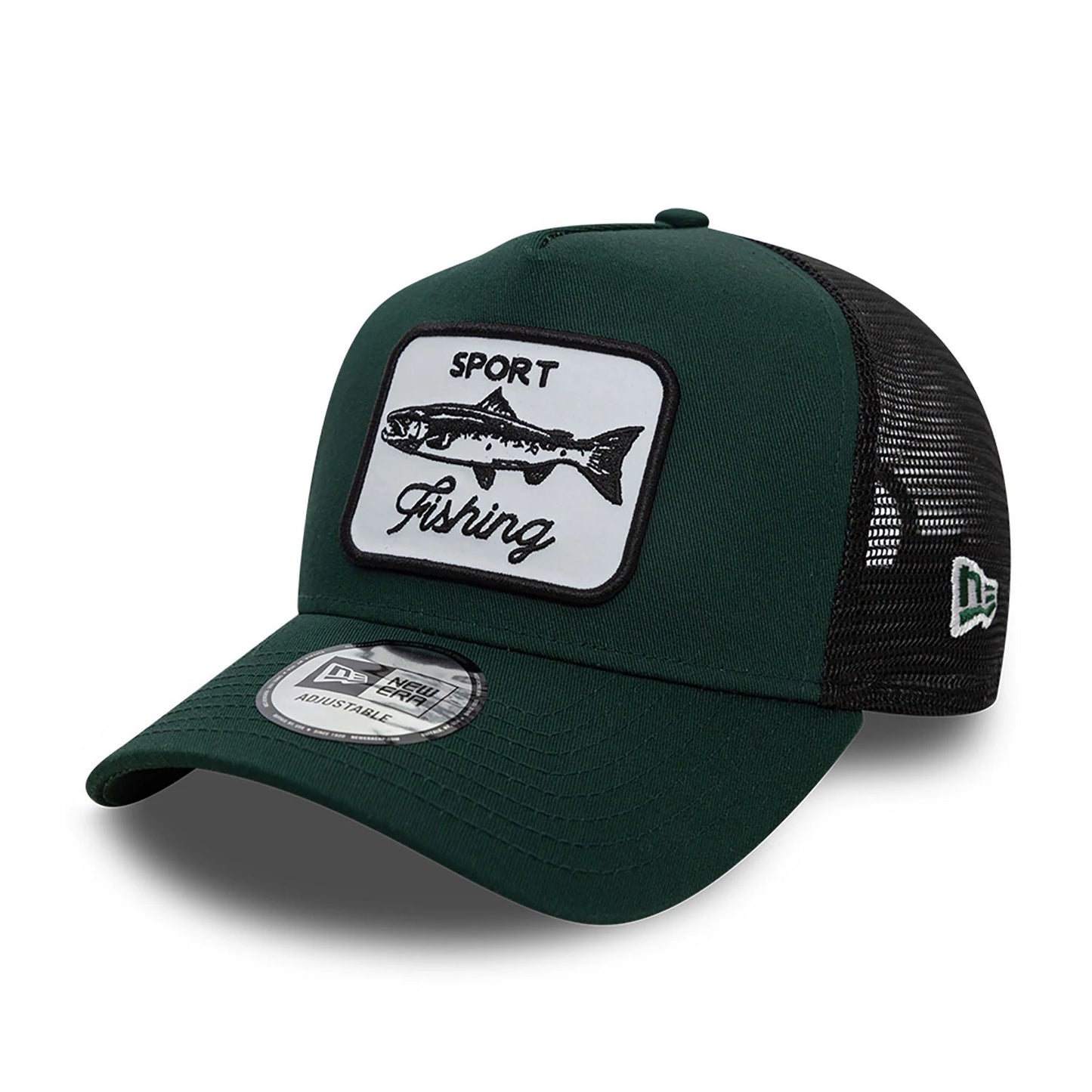 This is a New Era Fishing Patch Trucker Dark Green 9FORTY A-Frame Trucker Adjustable Cap 1