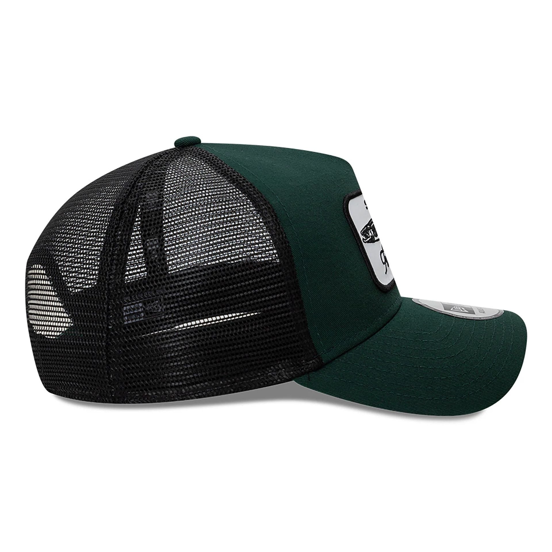 This is a New Era Fishing Patch Trucker Dark Green 9FORTY A-Frame Trucker Adjustable Cap 6