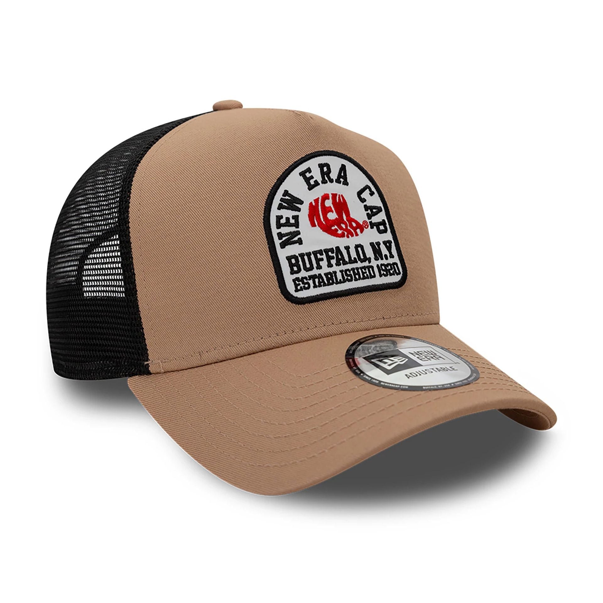 This is a New Era State Patch Trucker Beige 9FORTY A-Frame Trucker Adjustable Cap 1