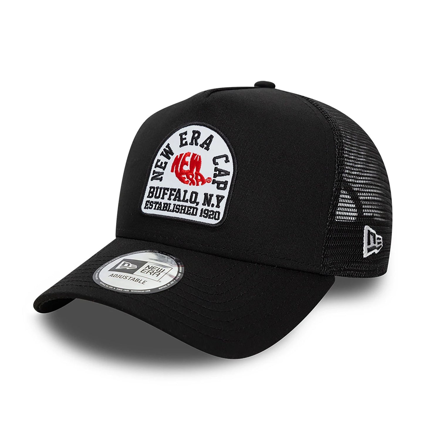 This is a New Era State Patch Trucker Black 9FORTY A-Frame Trucker Adjustable Cap 1