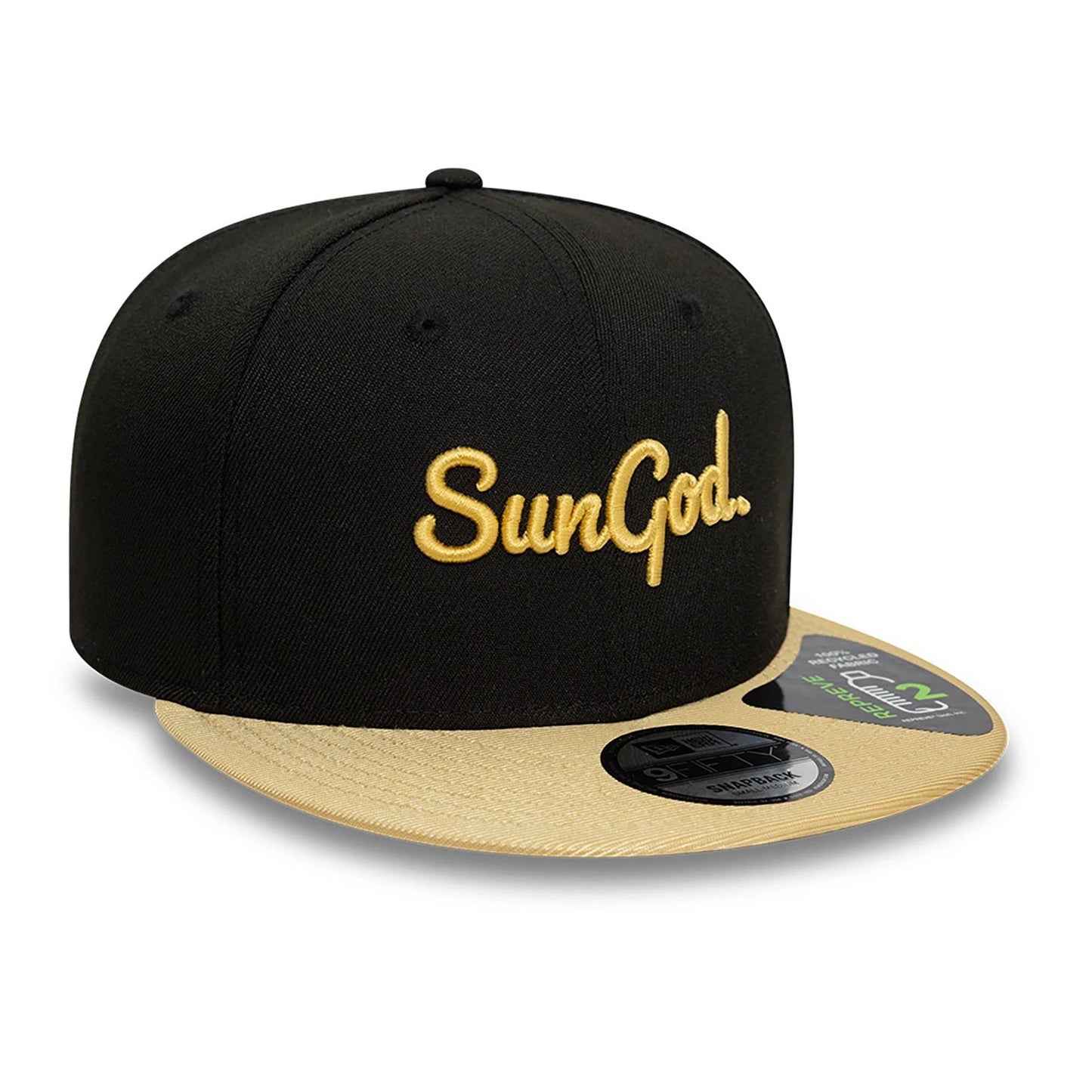 This is a SunGod x New Era Black Repreve® 9FIFTY Snapback Cap 1