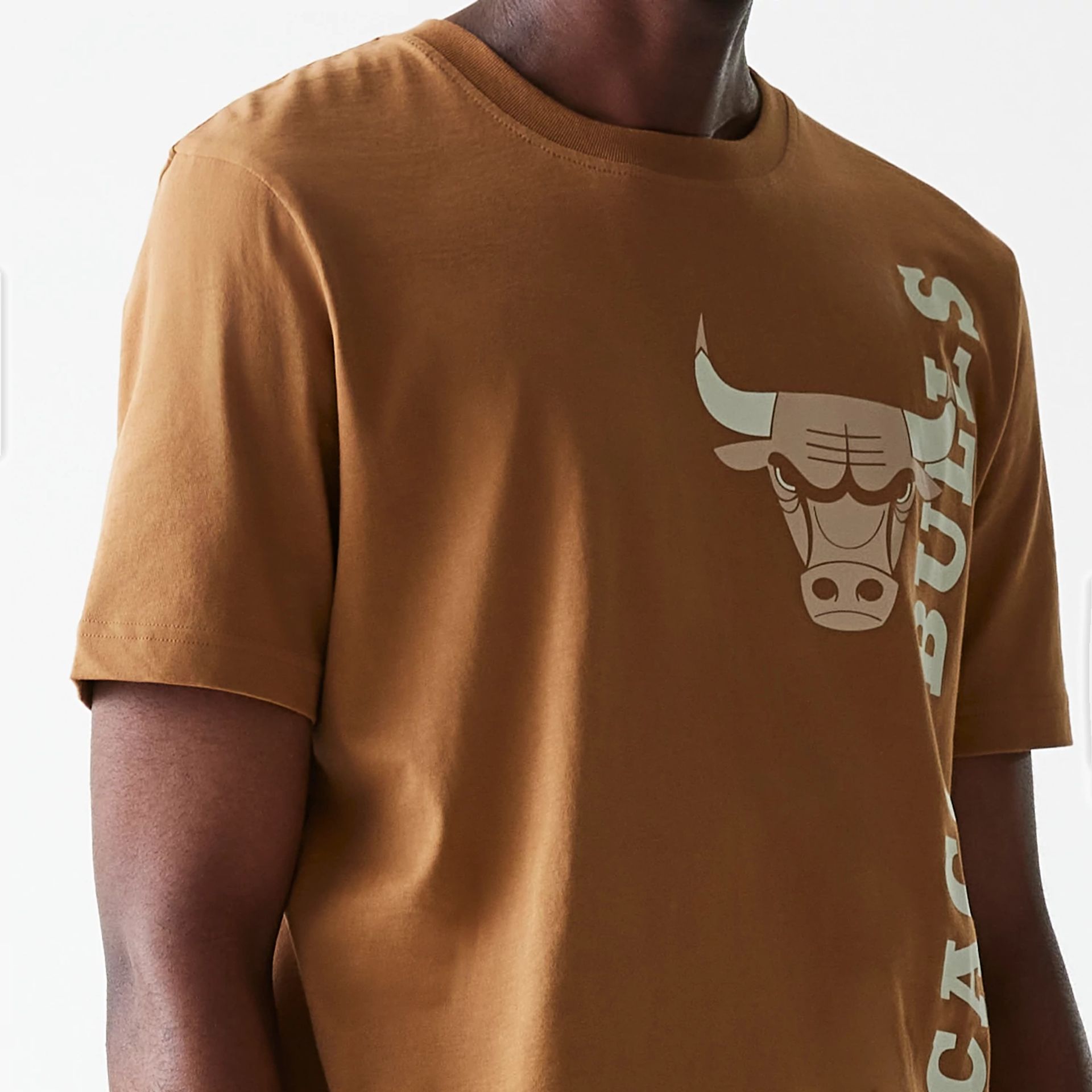 The Male model is wearing Chicago Bulls NBA City Edition Beige T-Shirt 4