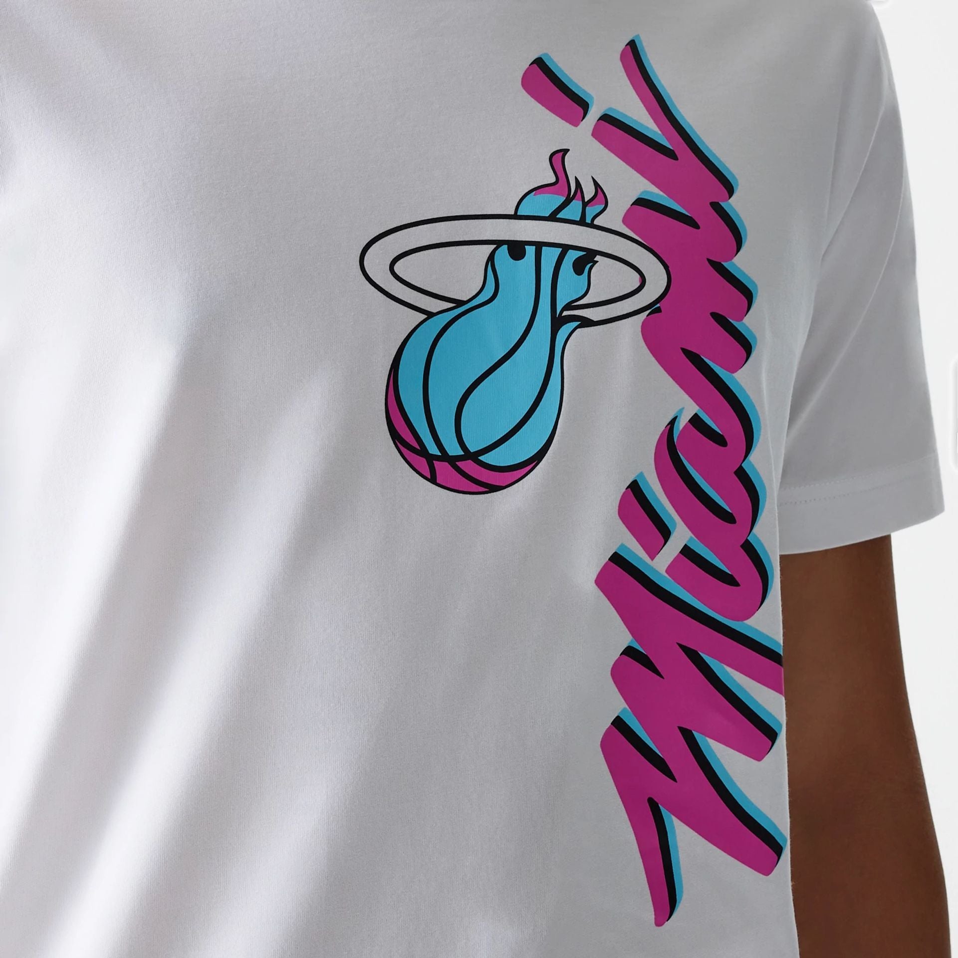 The Male model is wearing Miami Heat NBA City Edition White T-Shirt 4