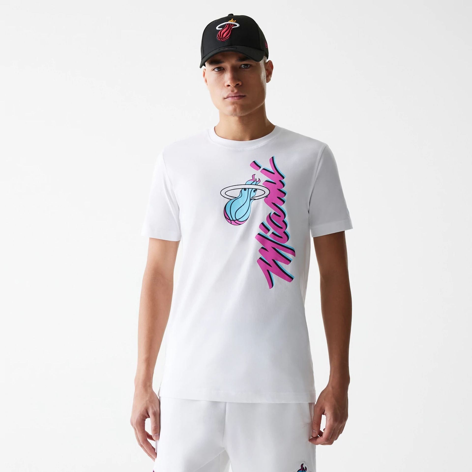 The Male model is wearing Miami Heat NBA City Edition White T-Shirt 1