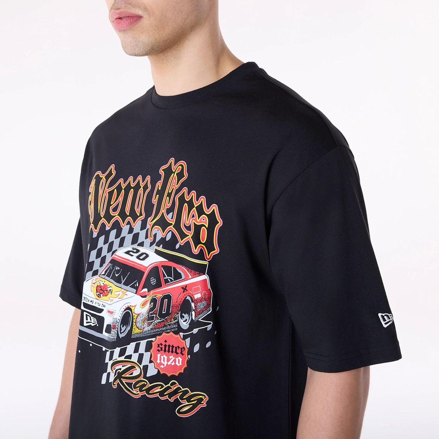 The Male model is wearing New Era 1920 Racing Black T-Shirt 4