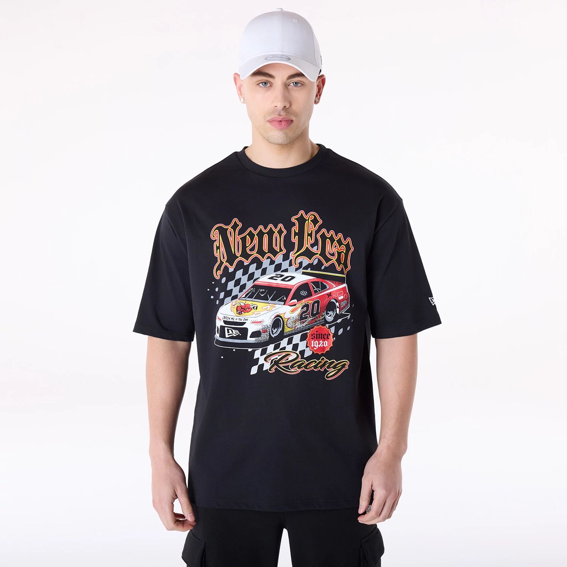 The Male model is wearing New Era 1920 Racing Black T-Shirt 1