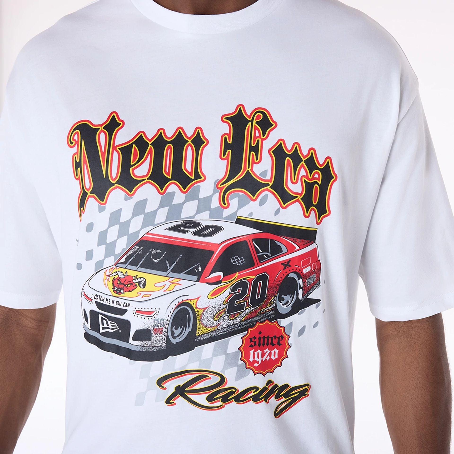 The Male model is wearing New Era 1920 Racing White T-Shirt 2