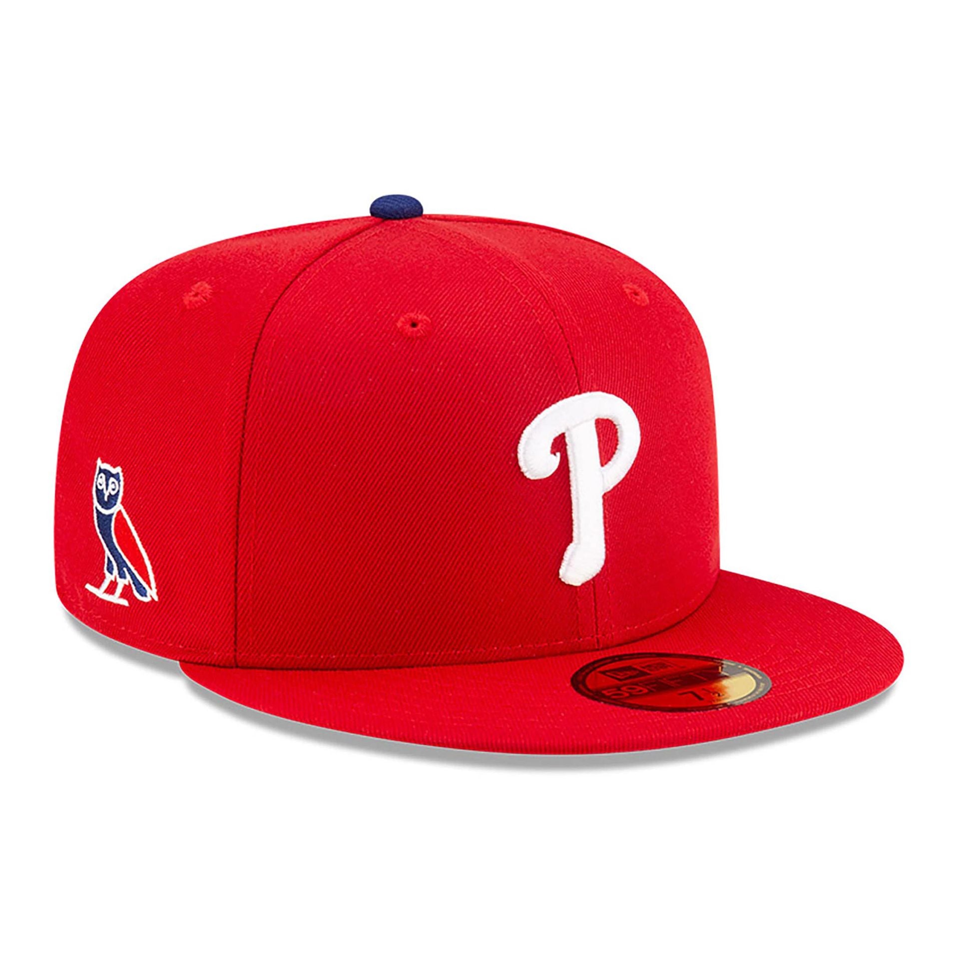 This is a Philadelphia Phillies OVO x MLB 2024 Red 59FIFTY Fitted Cap 1