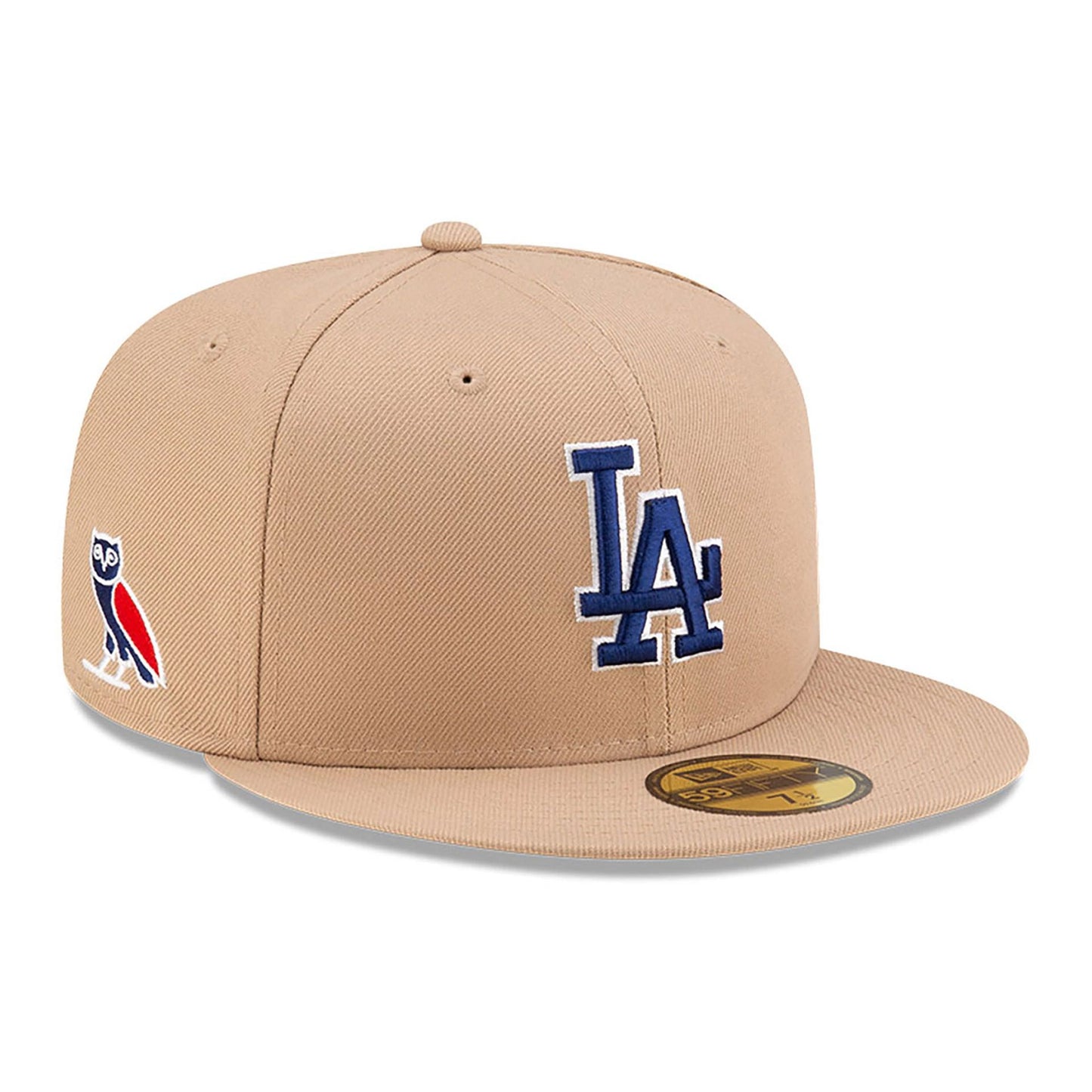 This is a LA Dodgers OVO x MLB 2024 Light Beige 59FIFTY Fitted Cap 1