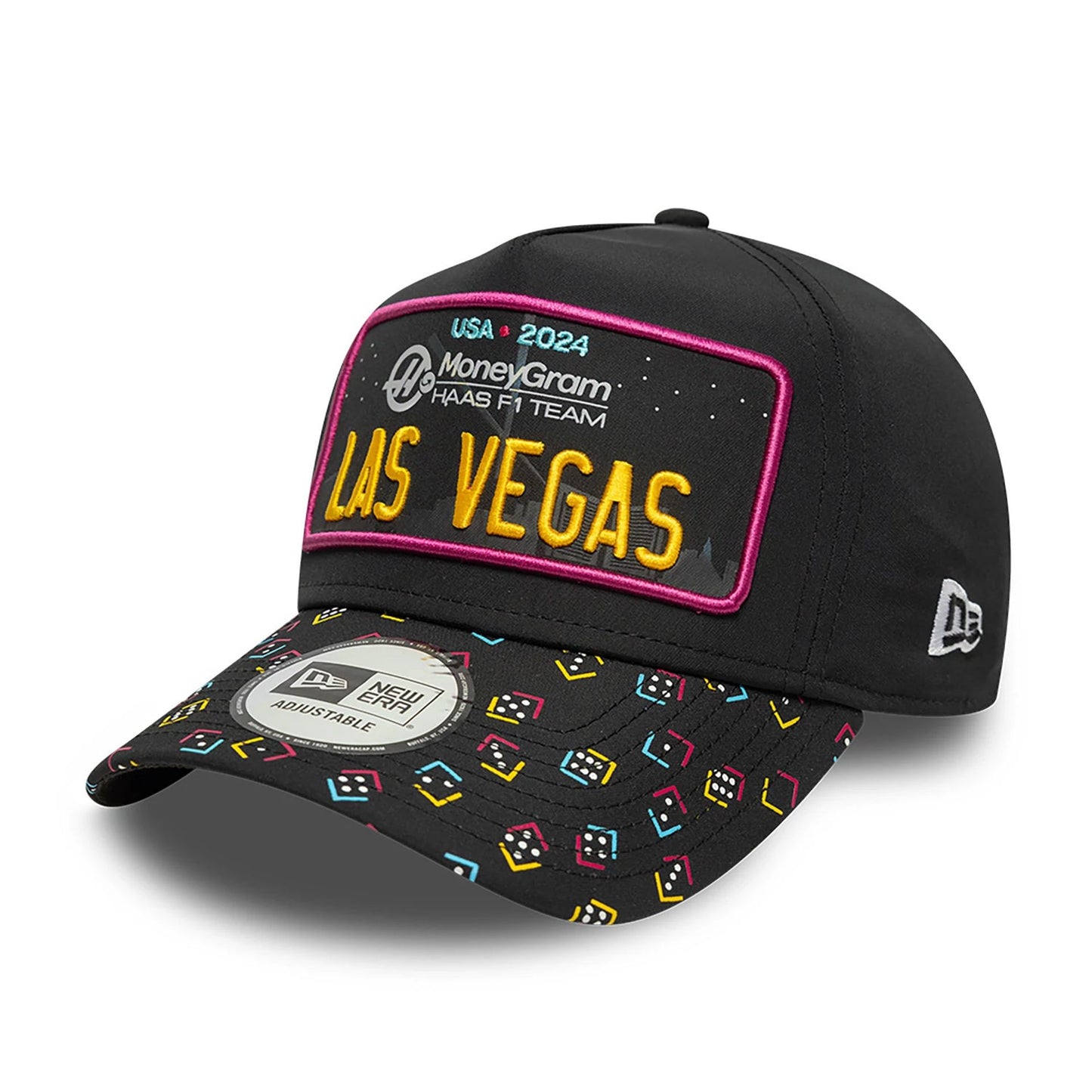 This is a MoneyGram Haas F1 Team Las Vegas Race Special Black 9FORTY E-Frame Adjustable Cap 1