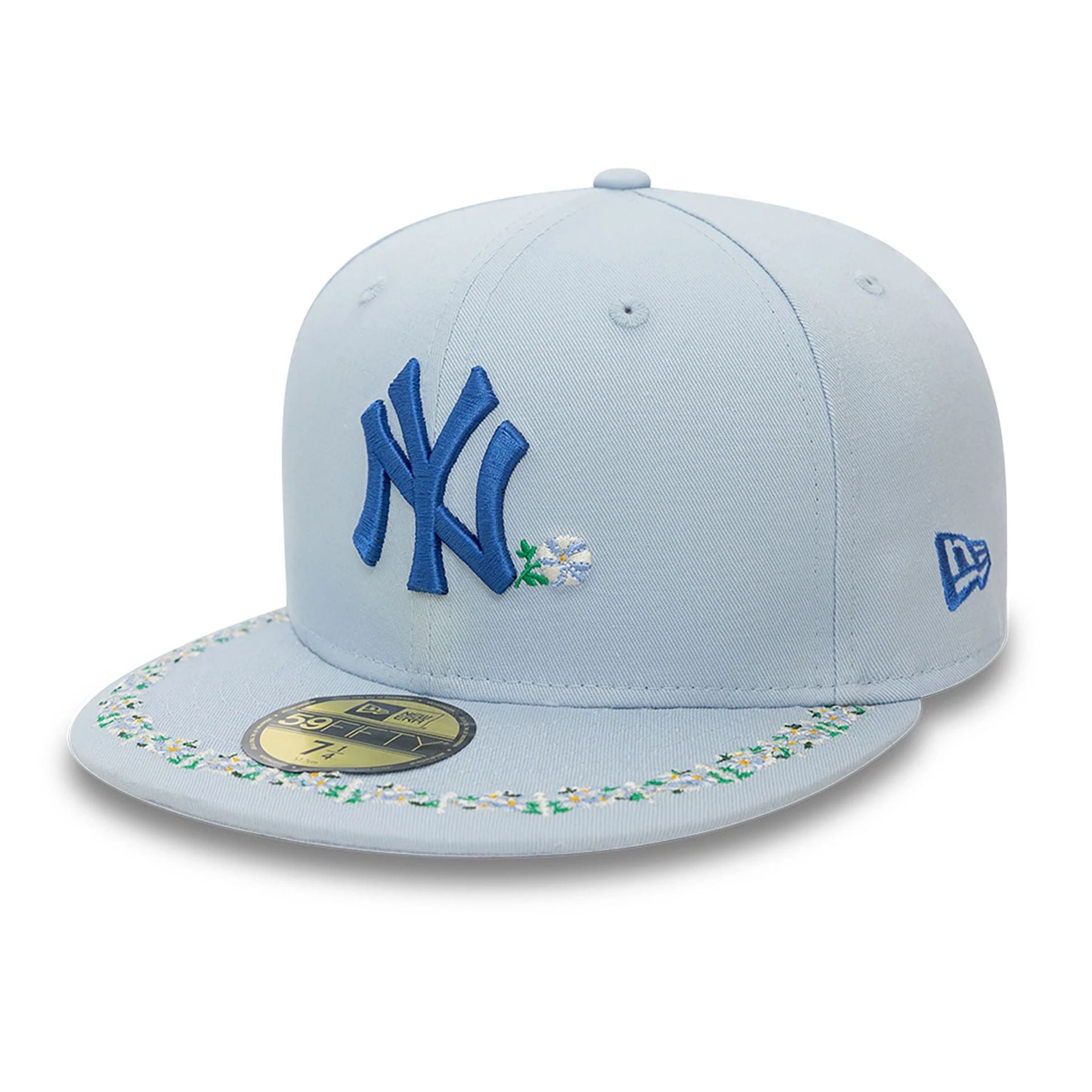 This is a New York Yankees Floral Border Light Blue 59FIFTY Fitted Cap 1