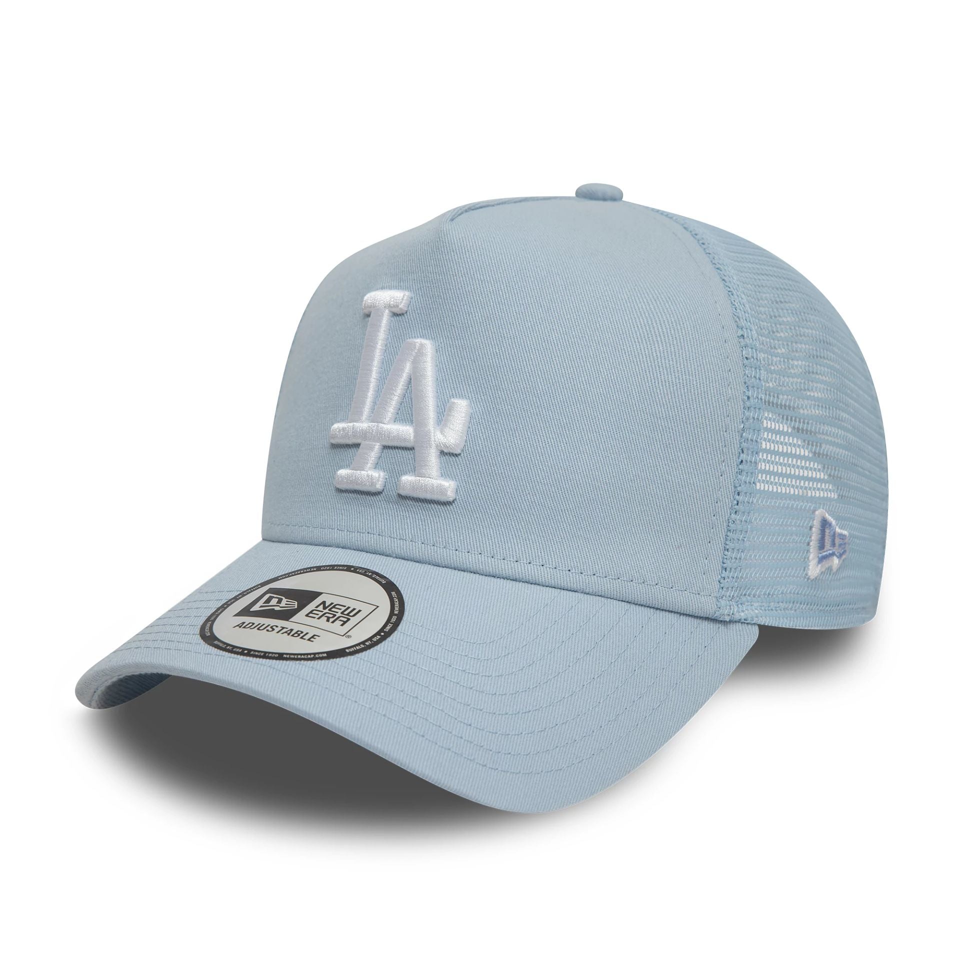 This is a LA Dodgers League Essential Pastel Blue 9FORTY A-Frame Trucker Adjustable Cap 1