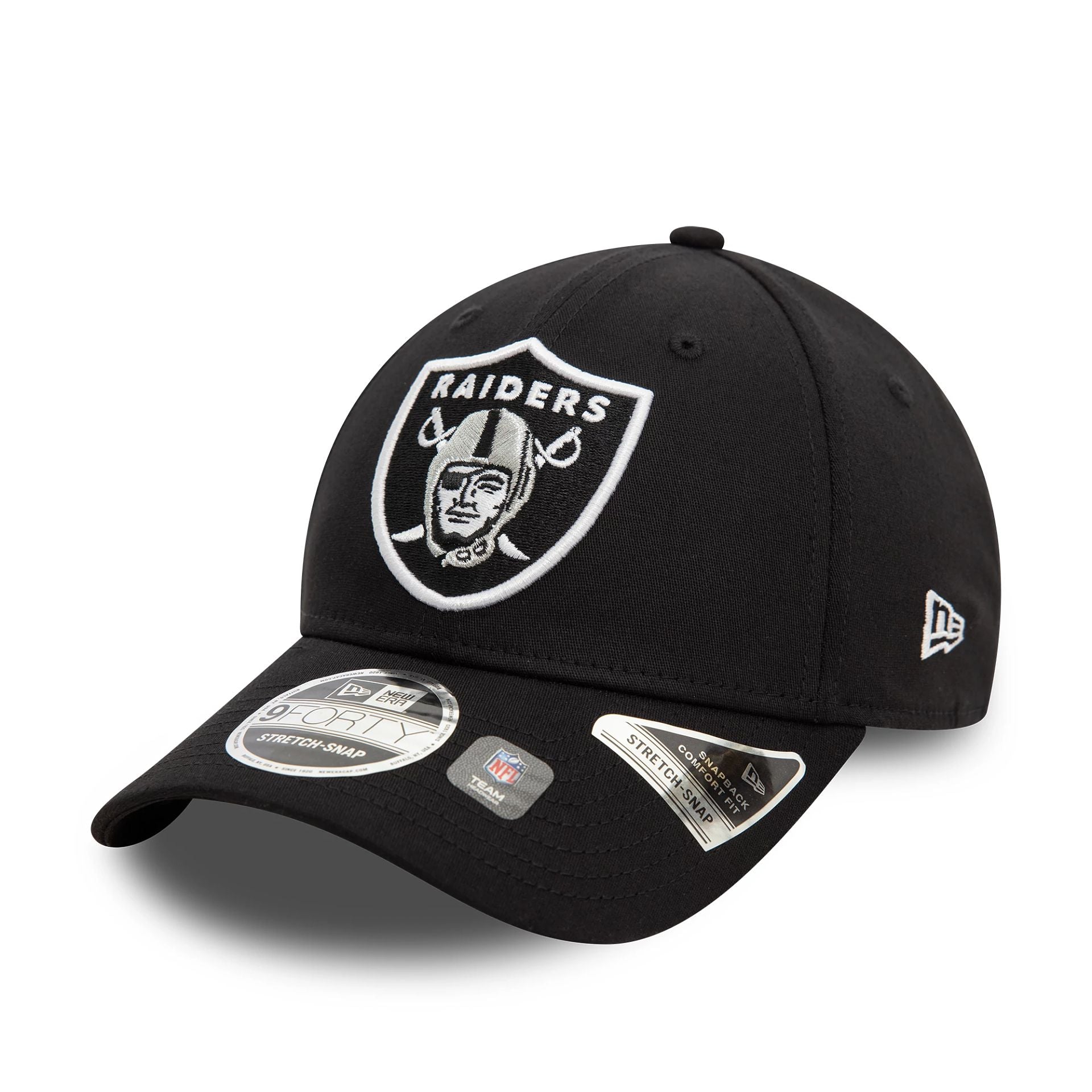 This is a Las Vegas Raiders NFL Black 9FORTY Stretch Snap Adjustable Cap 1