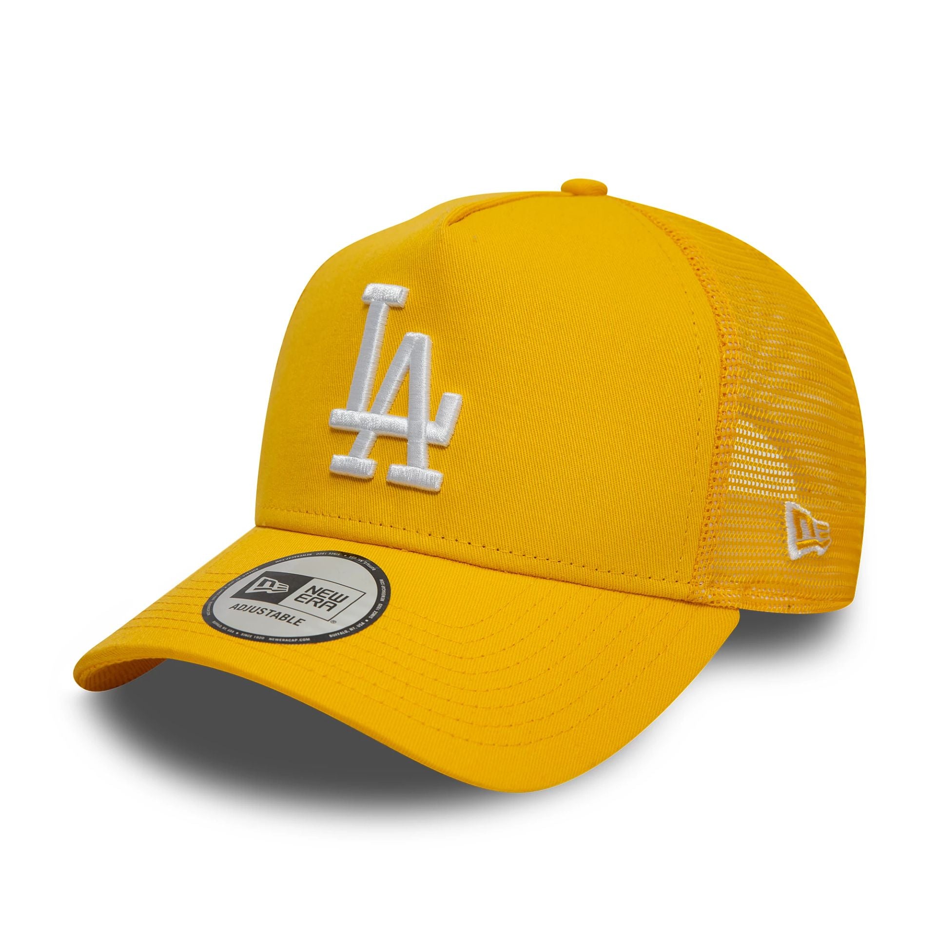 This is a LA Dodgers League Essential Yellow 9FORTY A-Frame Trucker Adjustable Cap 1