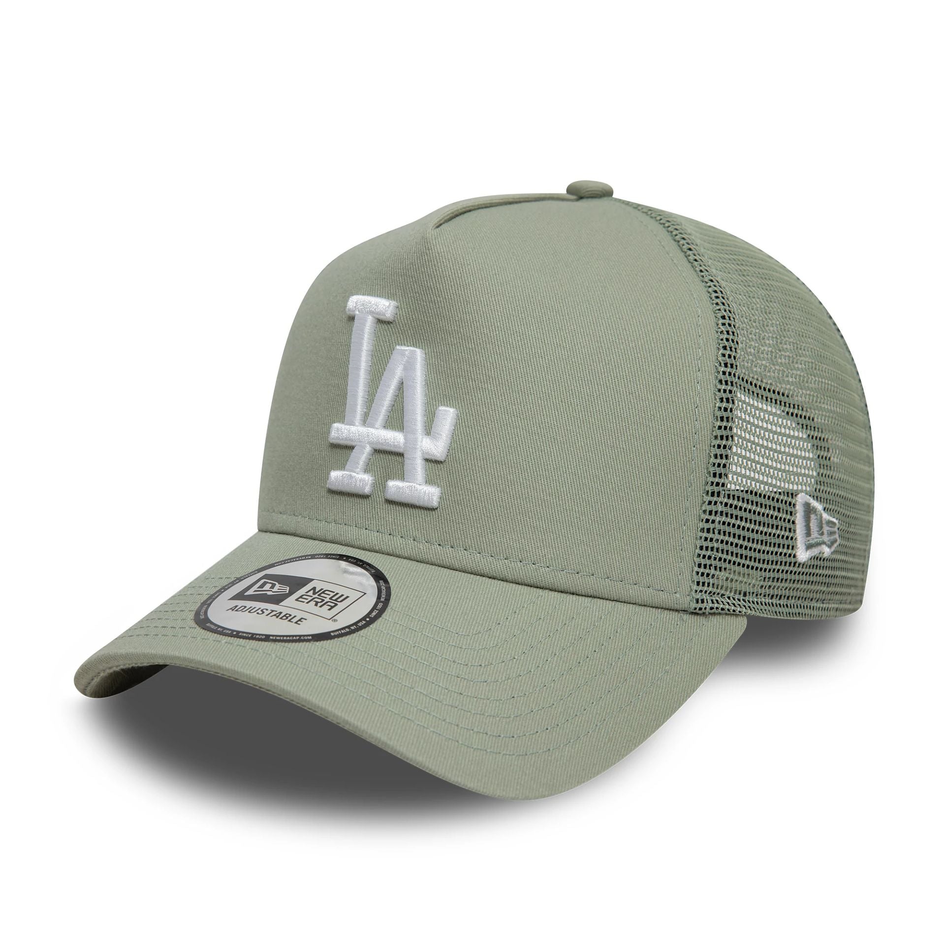 This is a LA Dodgers League Essential Pastel Green 9FORTY A-Frame Trucker Adjustable Cap 1