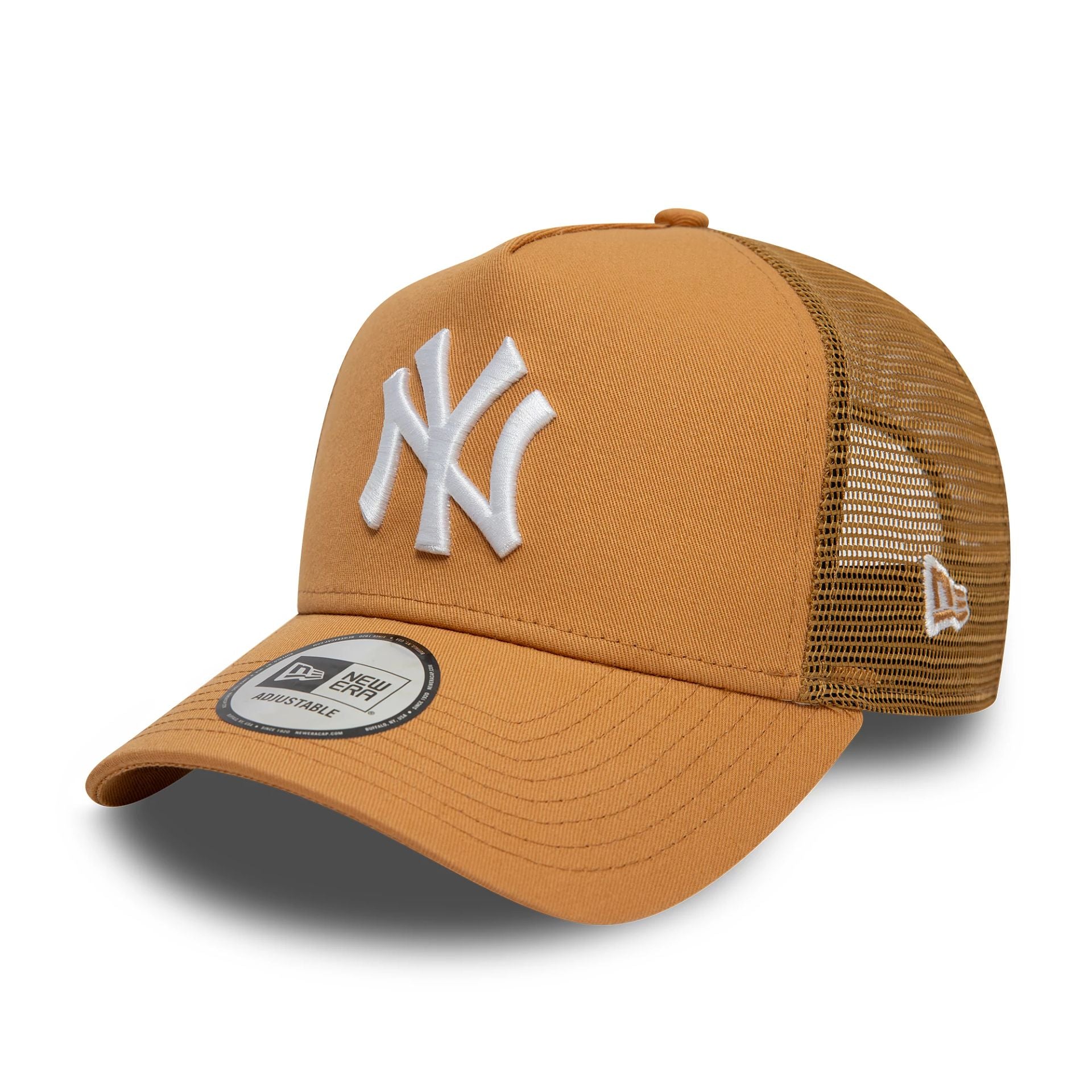 This is a New York Yankees League Essential Dark Beige 9FORTY A-Frame Trucker Adjustable Cap 1