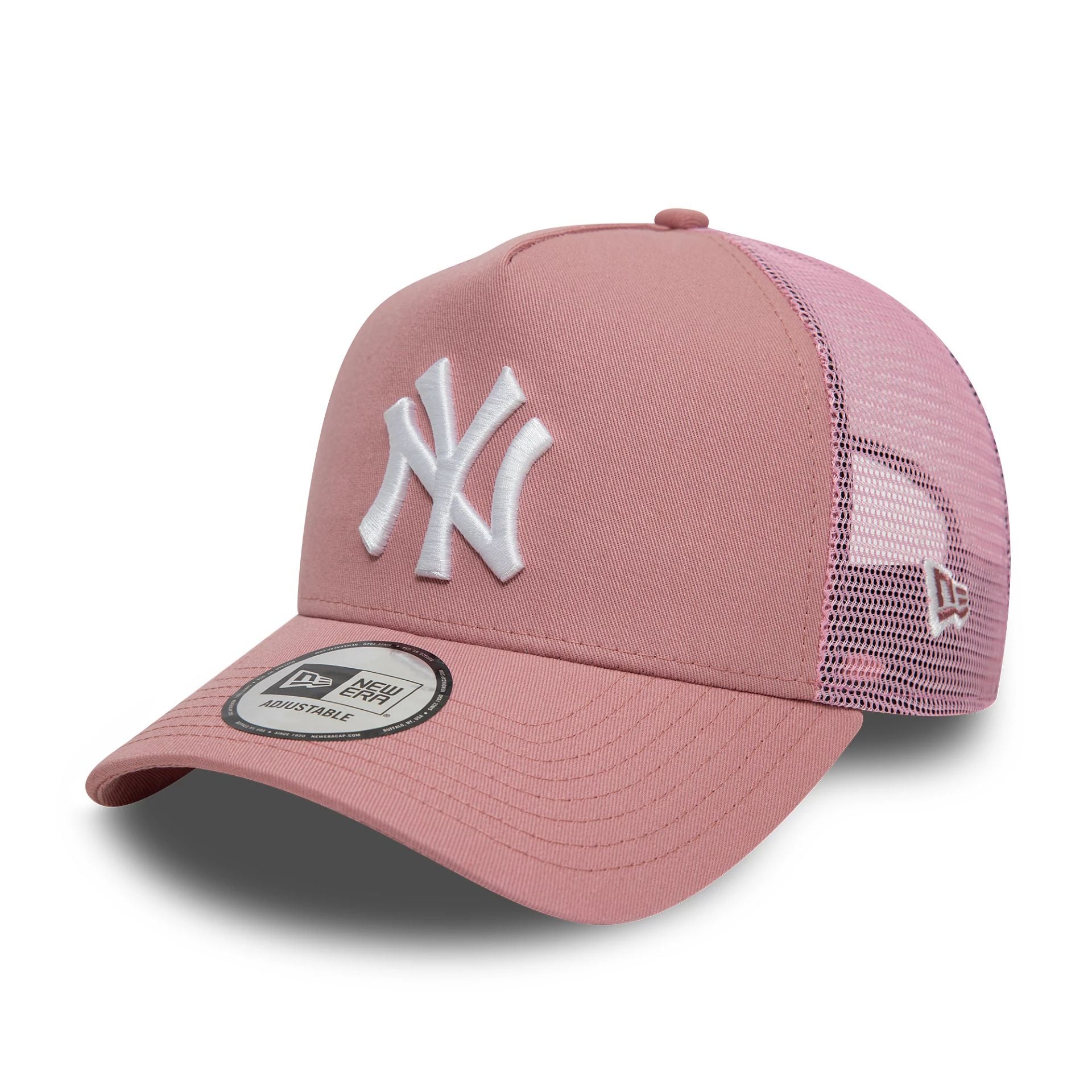 This is a New York Yankees League Essential Dark Pink 9FORTY A-Frame Trucker Adjustable Cap 1