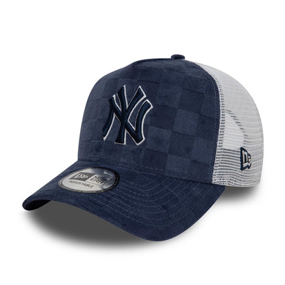 This is a New York Yankees Tonal Check Navy 9FORTY A-Frame Trucker Adjustable Cap 1