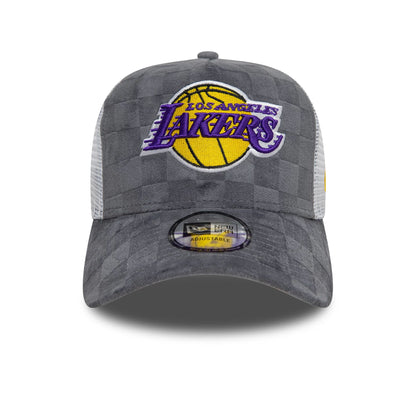 This is a LA Lakers Tonal Check Grey 9FORTY A-Frame Trucker Adjustable Cap 2