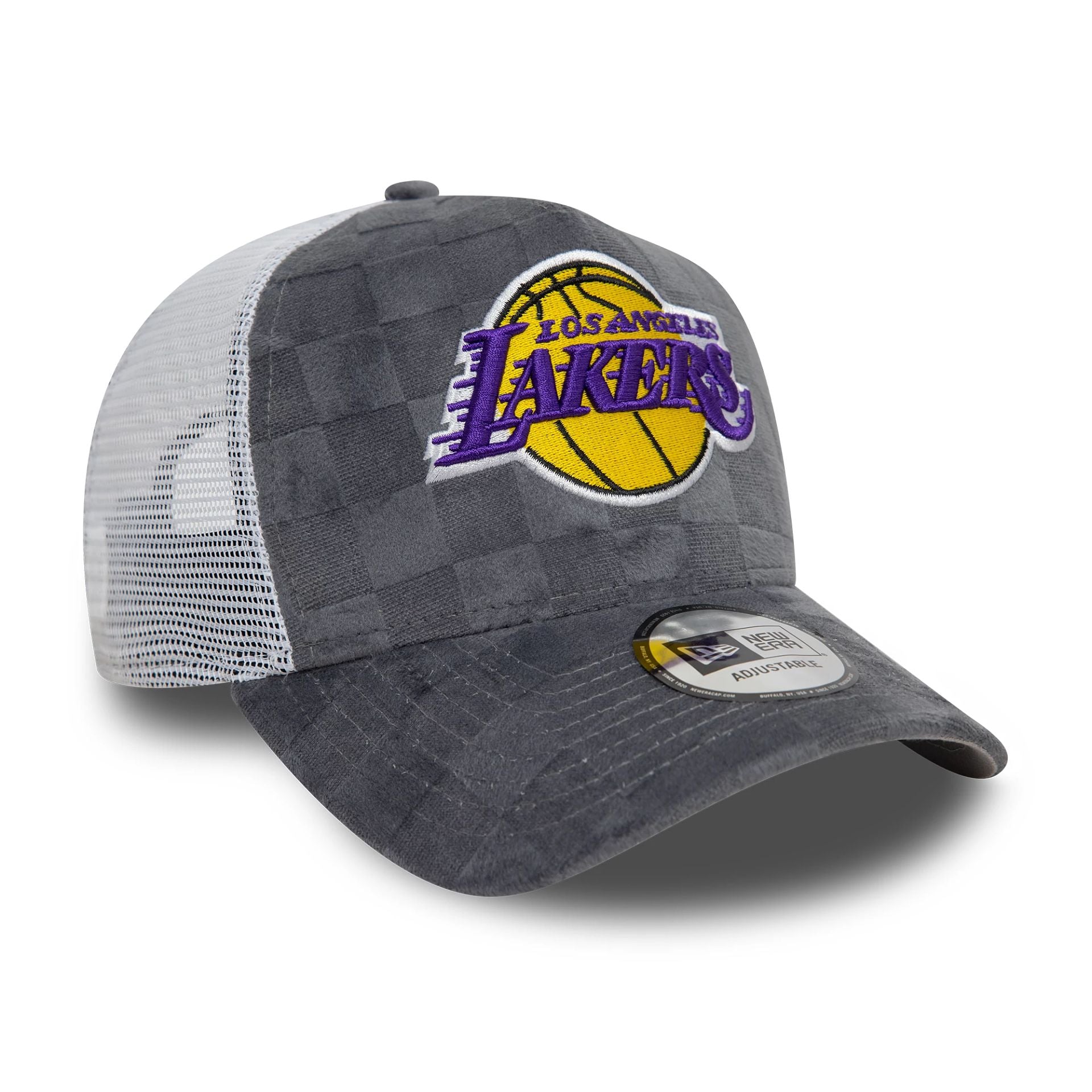 This is a LA Lakers Tonal Check Grey 9FORTY A-Frame Trucker Adjustable Cap 3