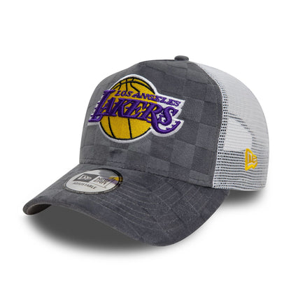 This is a LA Lakers Tonal Check Grey 9FORTY A-Frame Trucker Adjustable Cap 1