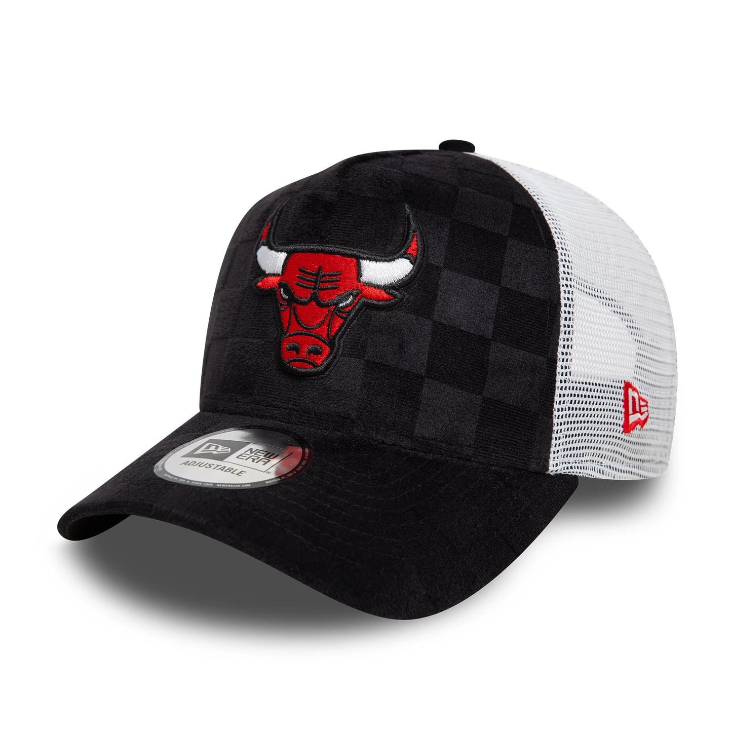 This is a Chicago Bulls Tonal Check Black 9FORTY A-Frame Trucker Adjustable Cap 1