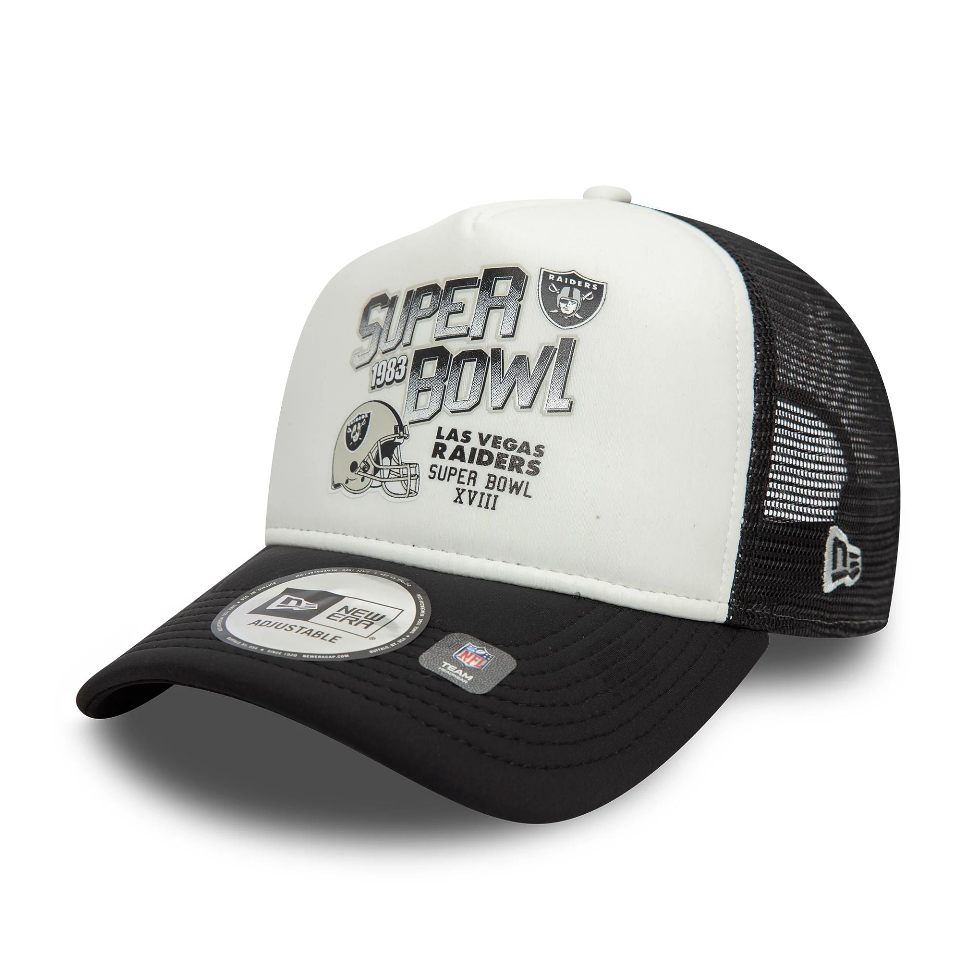 This is a Las Vegas Raiders Super Bowl Black 9FORTY A-Frame Trucker Adjustable Cap 1