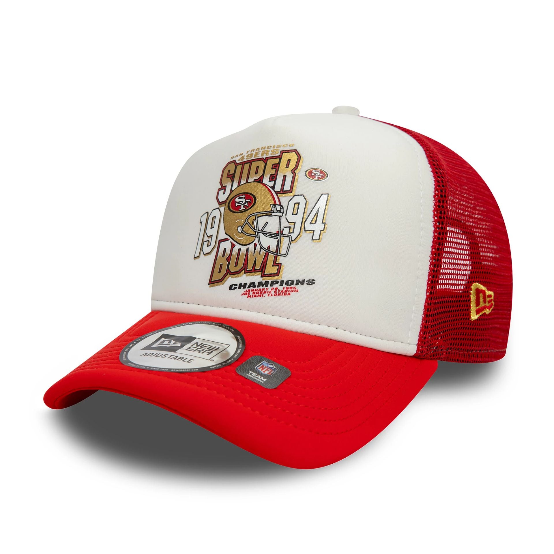 This is a San Francisco 49ers Super Bowl Red 9FORTY A-Frame Trucker Adjustable Cap 1