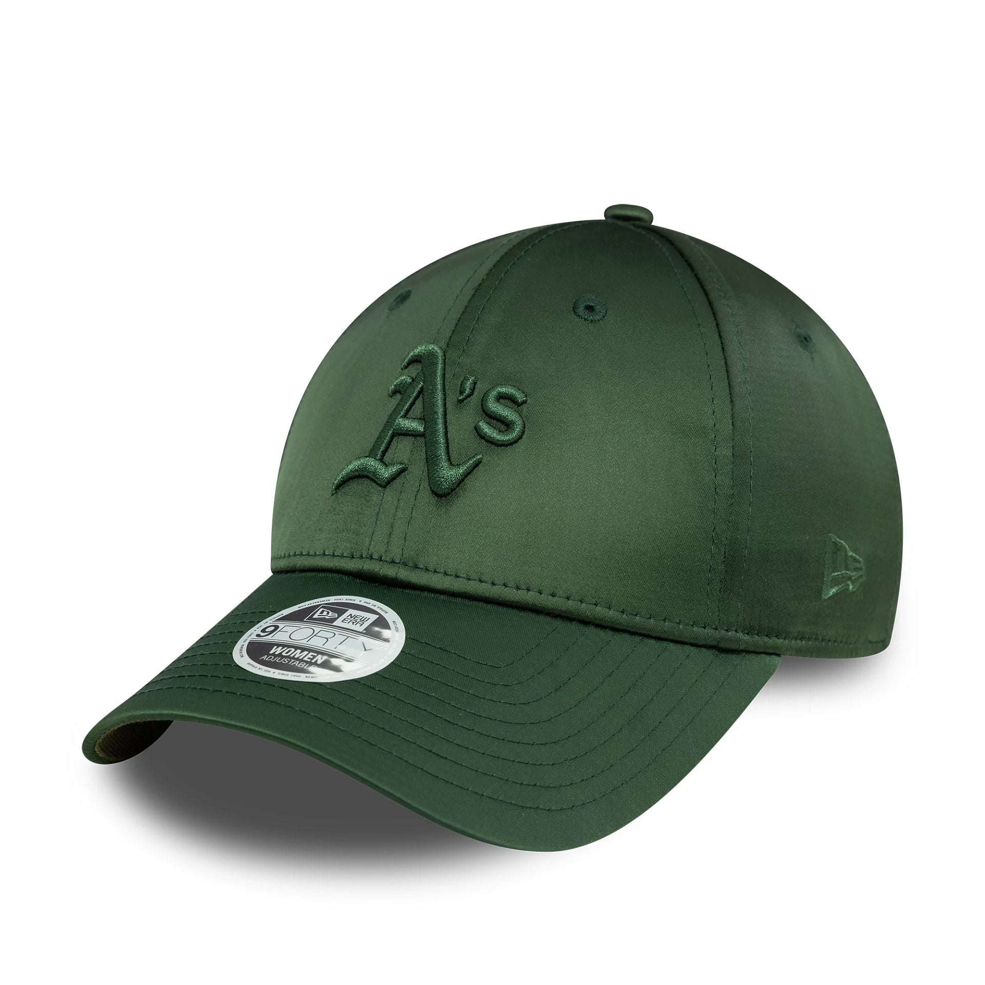 This is a Oakland Athletics Womens Satin Dark Green 9FORTY Adjustable Cap 1