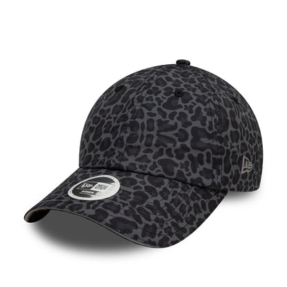 This is a Womens New Era All Over Print Black Leopard Print Open Back Adjustable Cap 1