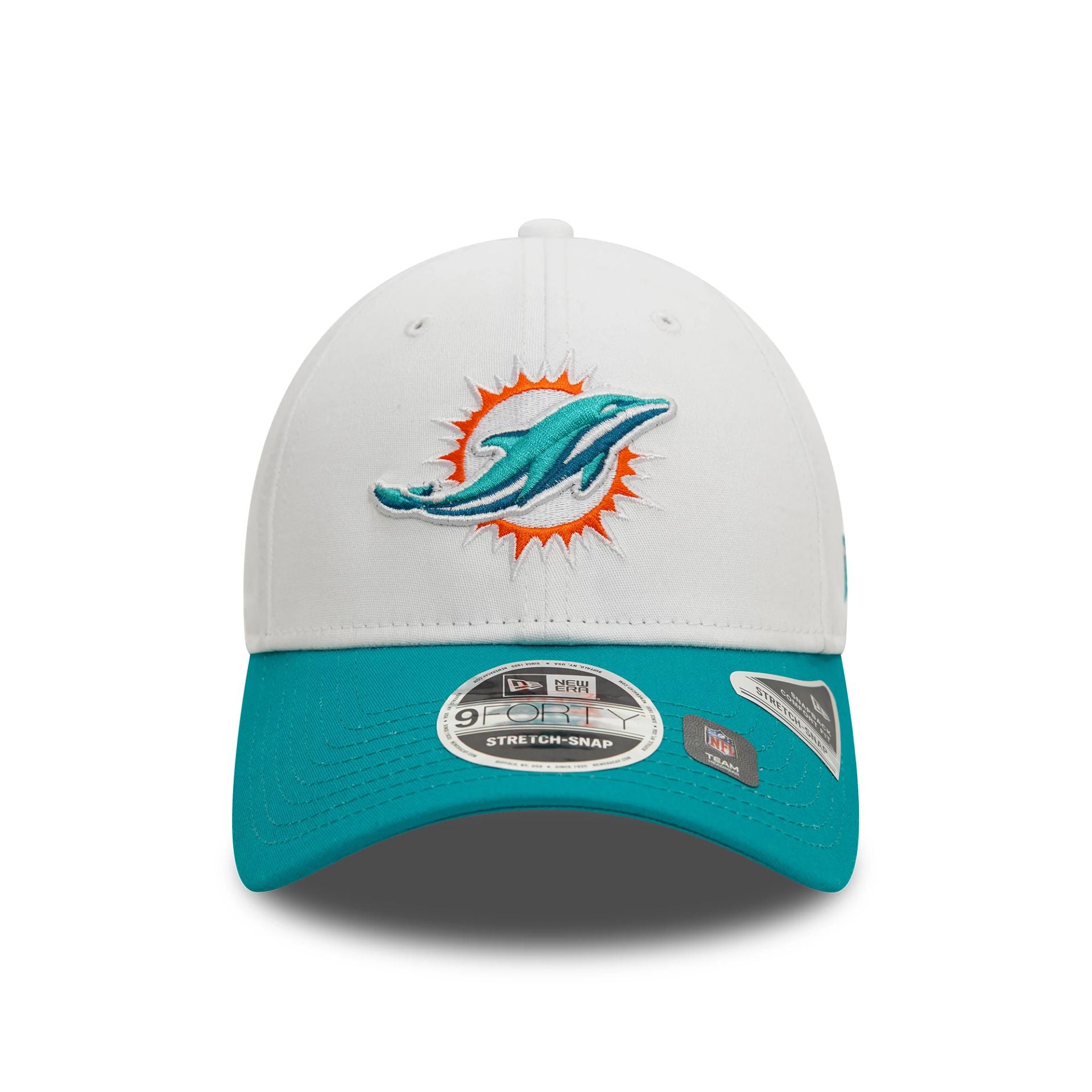 This is a Miami Dolphins NFL White 9FORTY Stretch Snap Adjustable Cap 2