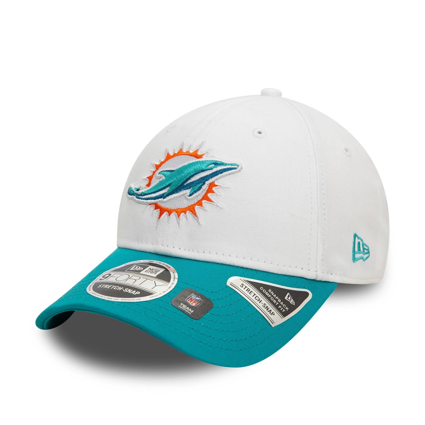 This is a Miami Dolphins NFL White 9FORTY Stretch Snap Adjustable Cap 1