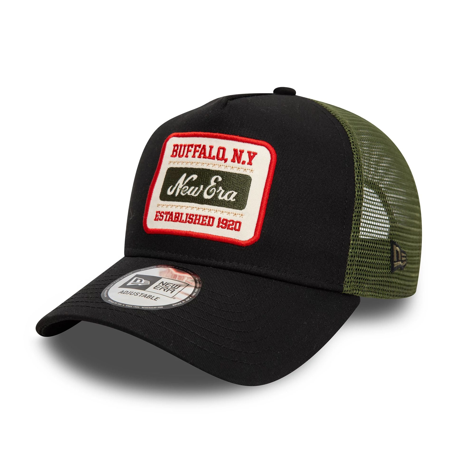 This is a New Era Patch Black 9FORTY A-Frame Trucker Adjustable Cap 1