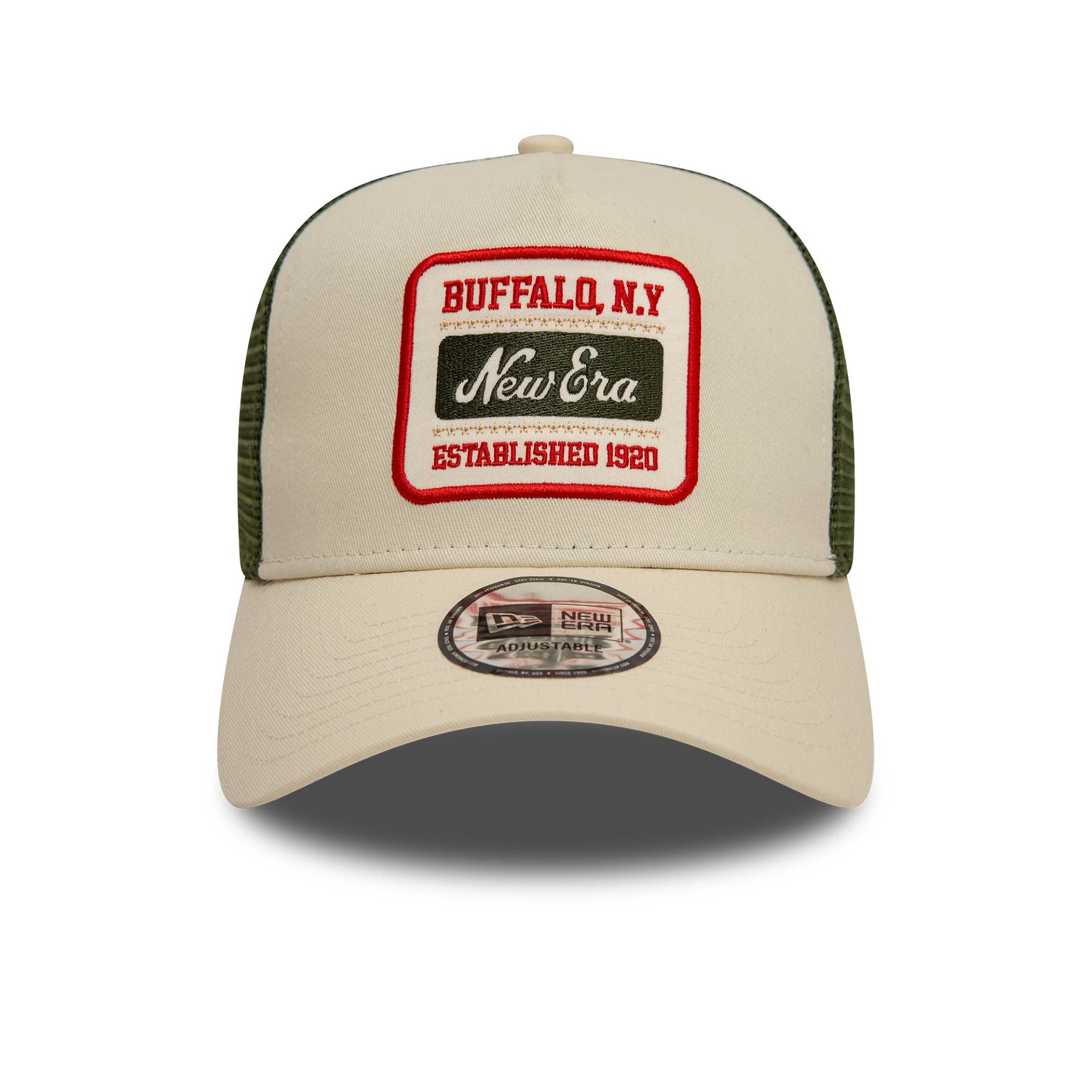 This is a New Era Patch Cream 9FORTY A-Frame Trucker Adjustable Cap 2