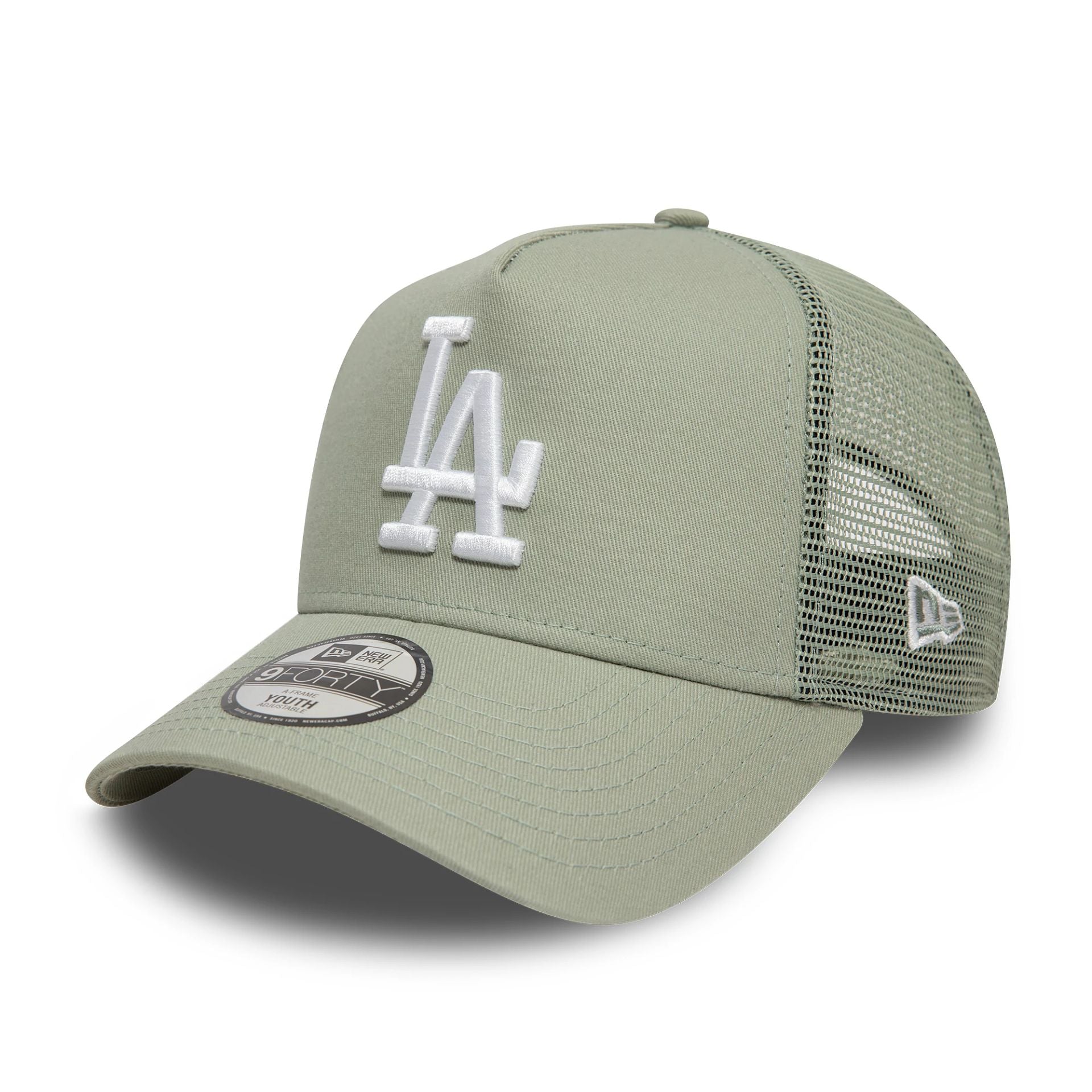 This is a LA Dodgers Child League Essential Pastel Green 9FORTY A-Frame Trucker Adjustable Cap 1