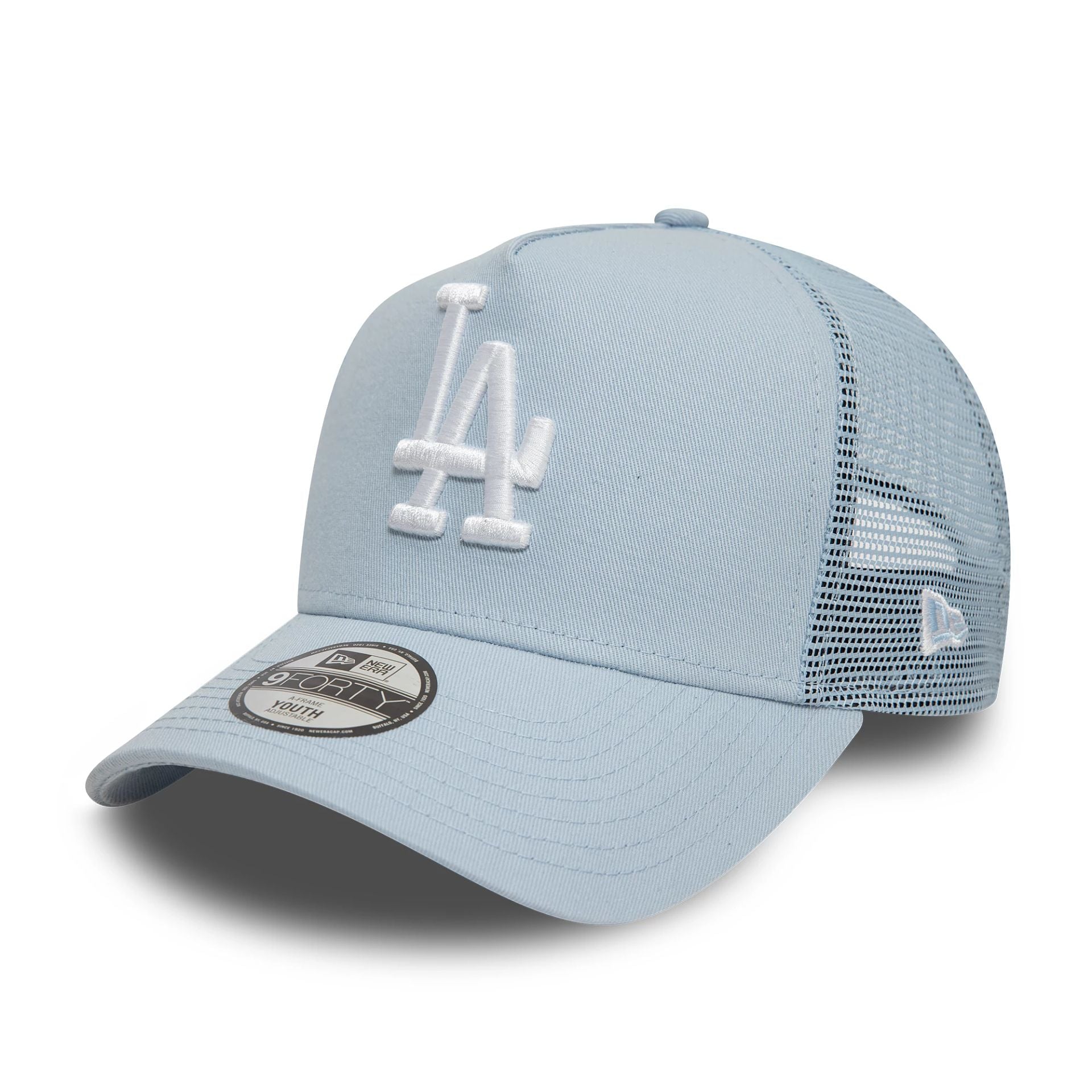 This is a LA Dodgers Child League Essential Pastel Blue 9FORTY A-Frame Trucker Adjustable Cap 1