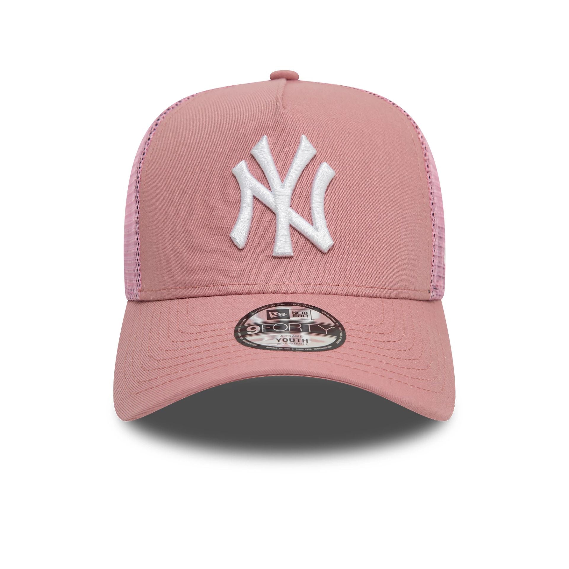 This is a New York Yankees Child League Essential Dark Pink 9FORTY A-Frame Trucker Adjustable Cap 2