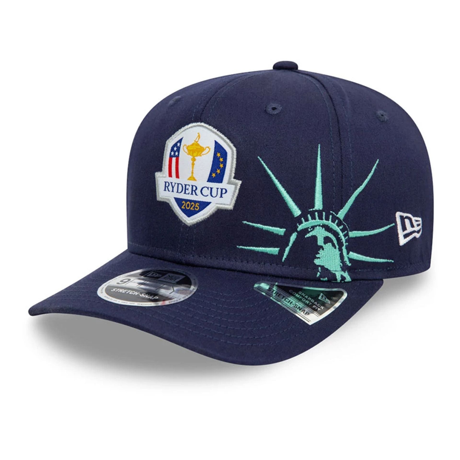 This is a Ryder Cup Europe 2025 Oversized Emblem Navy 9FIFTY Stretch Snap Adjustable Cap 1