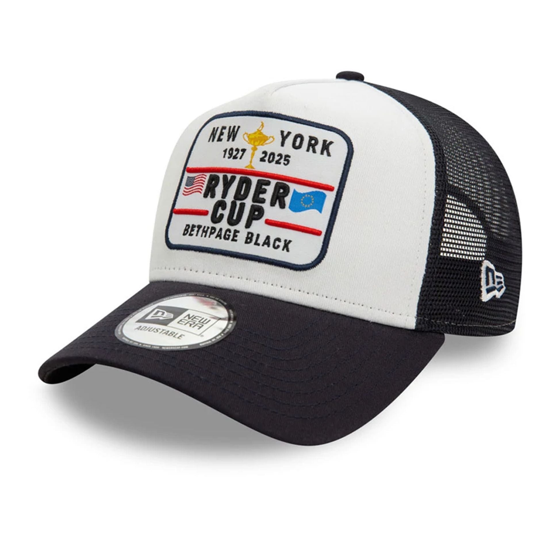 This is a Ryder Cup Europe 2025 Woven Patch White 9FORTY A-Frame Trucker Adjustable Cap 1